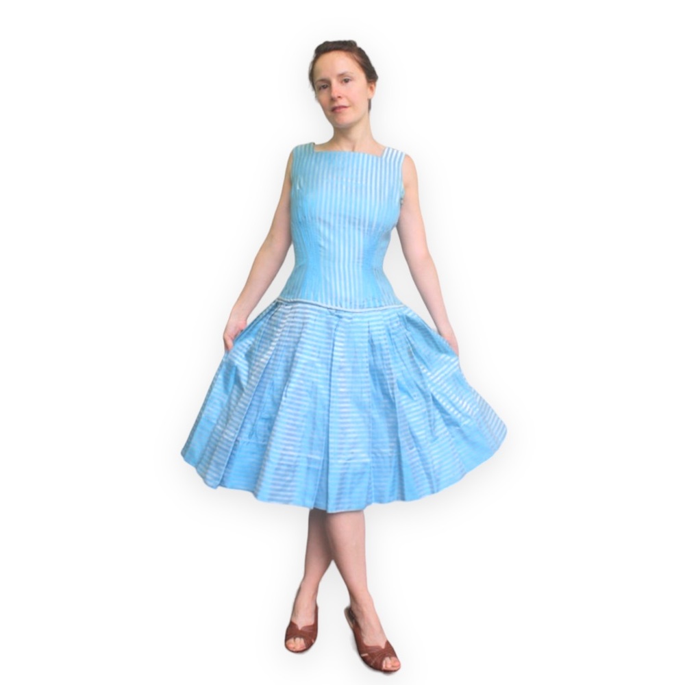 60s Blue Striped Party Dress Vintage 1960s Sleeveless XS 24 Waist